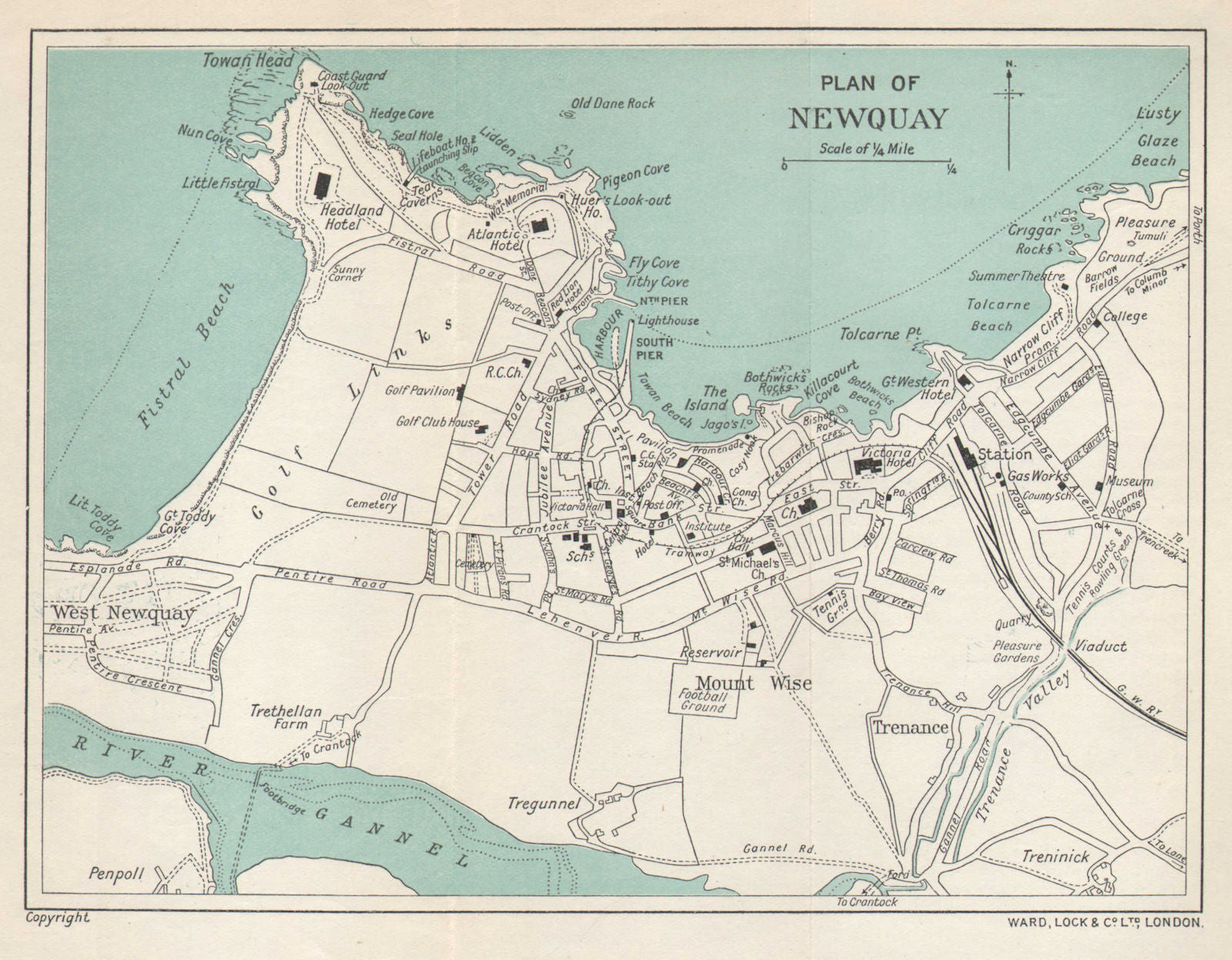 NEWQUAY vintage tourist town city resort plan. Cornwall. WARD LOCK 1928 map